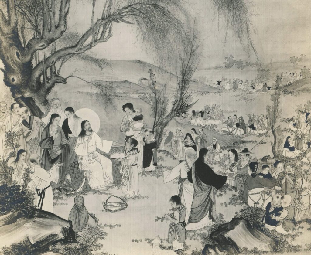 Chinese brush painting of the miracle of the loaves and fishes, haloed Christ in Chinese robes among a crowd