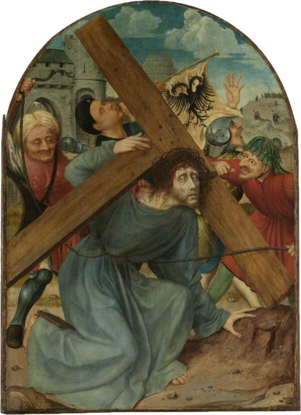 Christ kneels beneath the cross as grotesque tormentors jeer and drag him, painted by Quentin Matsys, c. 1515