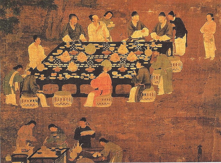 Song dynasty handscroll of a literary gathering, scholars seated at a banquet table in a garden