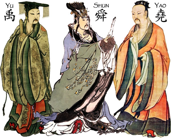 Composite illustration of the ancient Chinese sage kings Yao, Shun and Yu