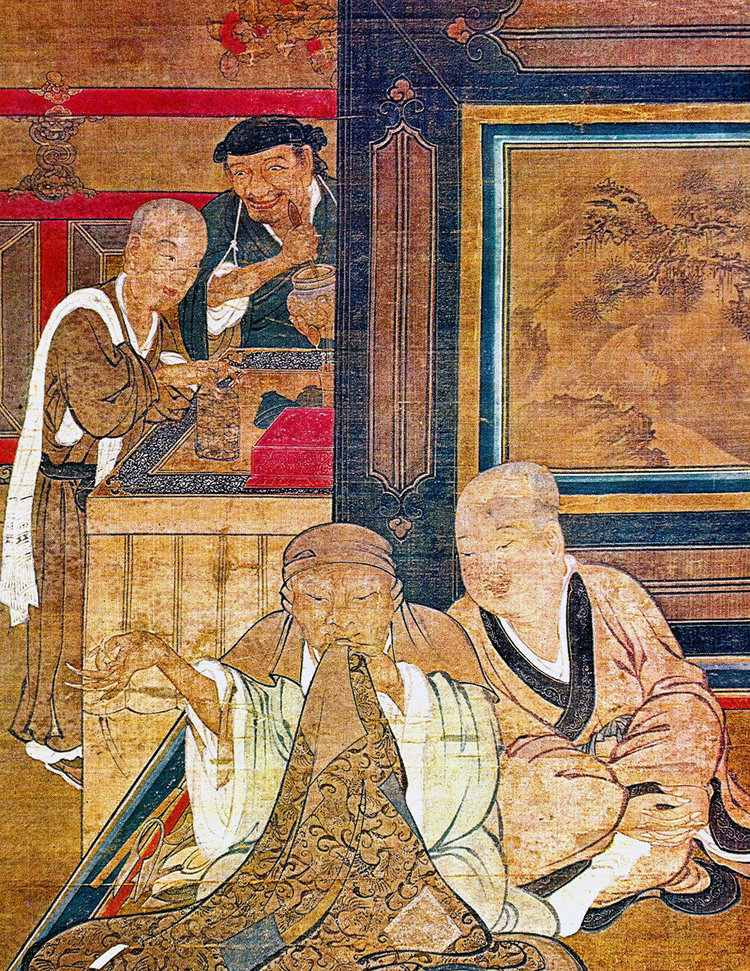 East Asian painting on silk of figures at a shop counter in an interior