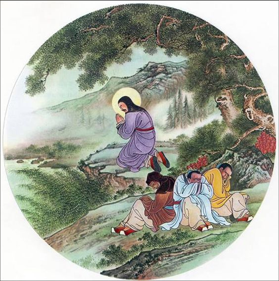 The Agony in the Garden painted in Chinese guohua style, Jesus kneeling in a circular fan-format composition