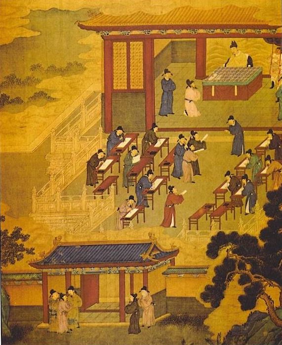 Chinese court painting on silk of candidates seated at desks during the imperial civil service examination