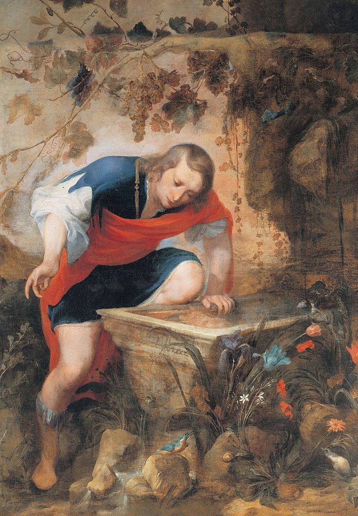 Jan Roos painting Narcissus at the Spring: a youth in blue and red leans over a carved stone basin, held by his own reflection