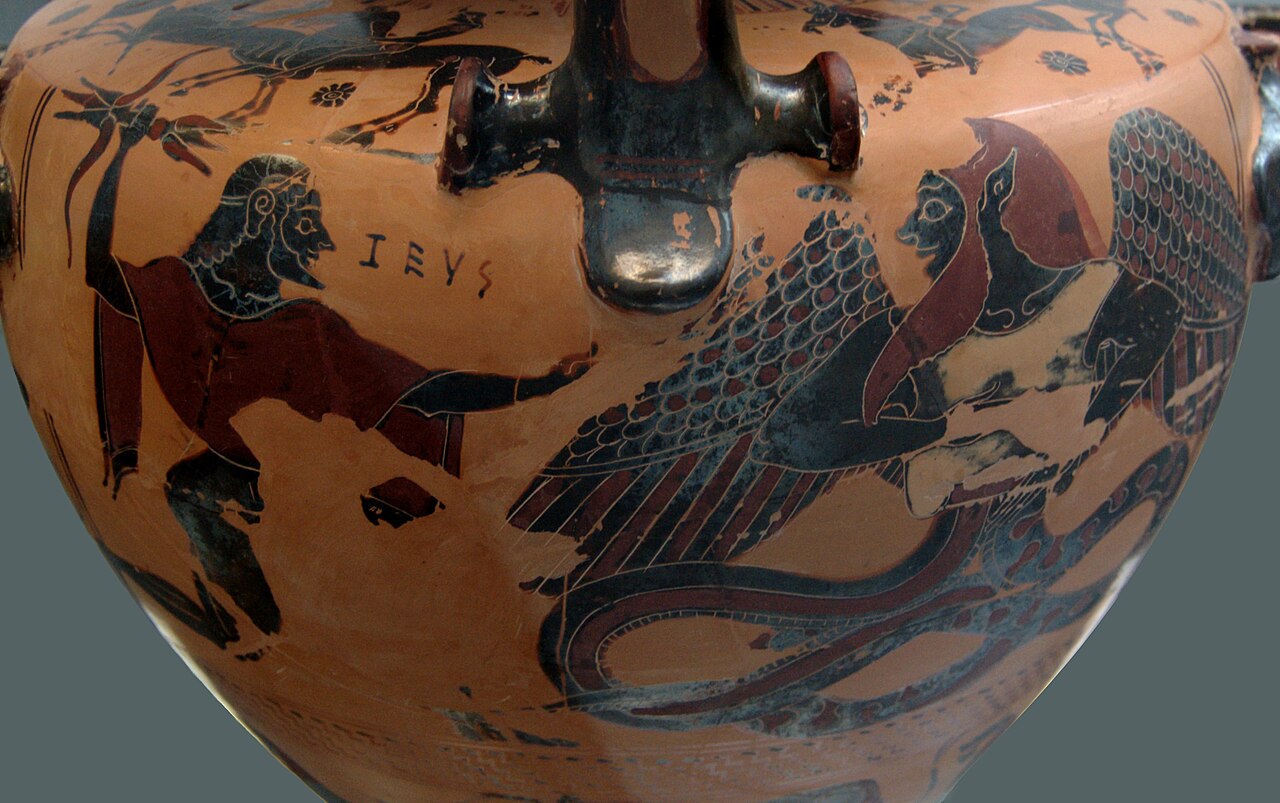Black-figure vase painting of Zeus striding with a thunderbolt raised against the winged serpent-legged Typhon