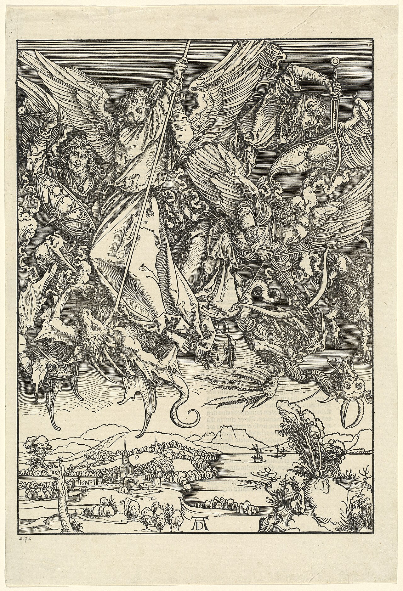 Woodcut of the archangel Michael driving a spear downward into a writhing dragon below him