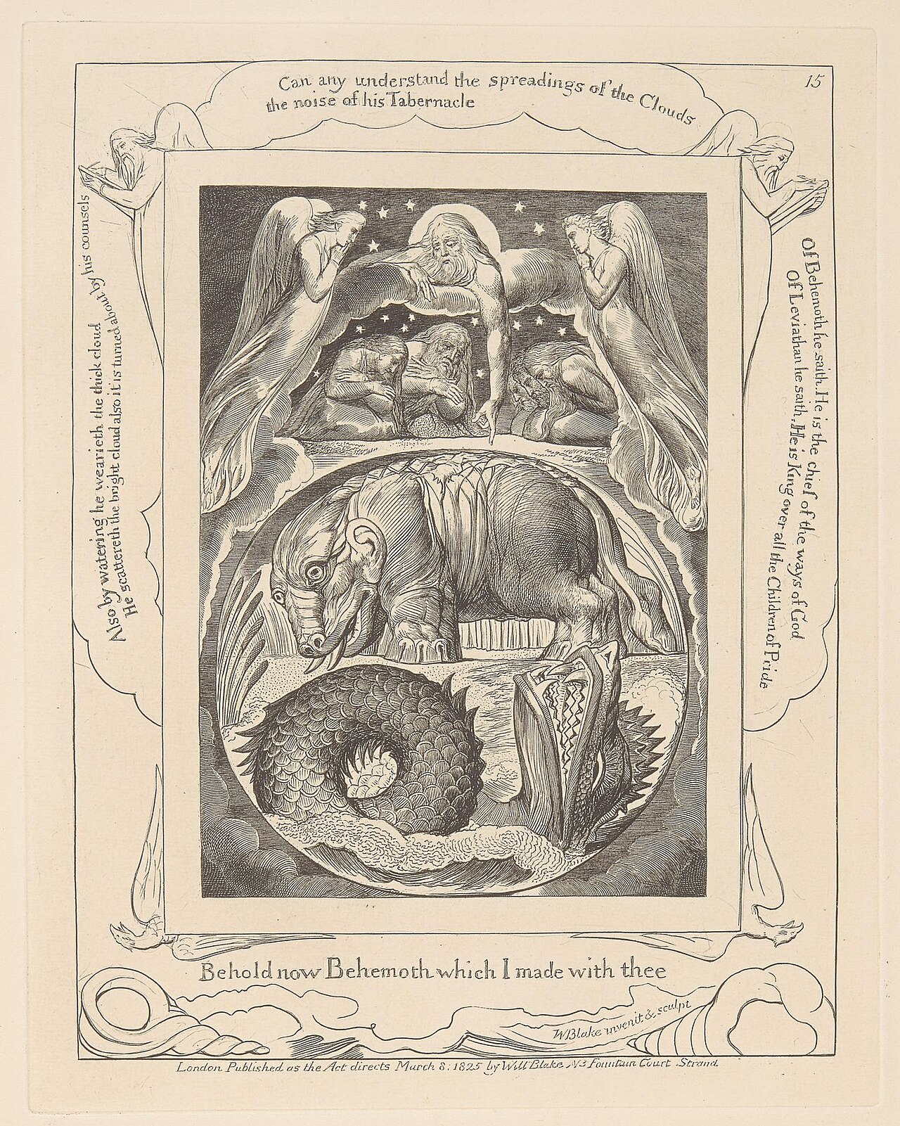 Engraving of God parting the clouds to display Behemoth on land and Leviathan coiled in the sea below