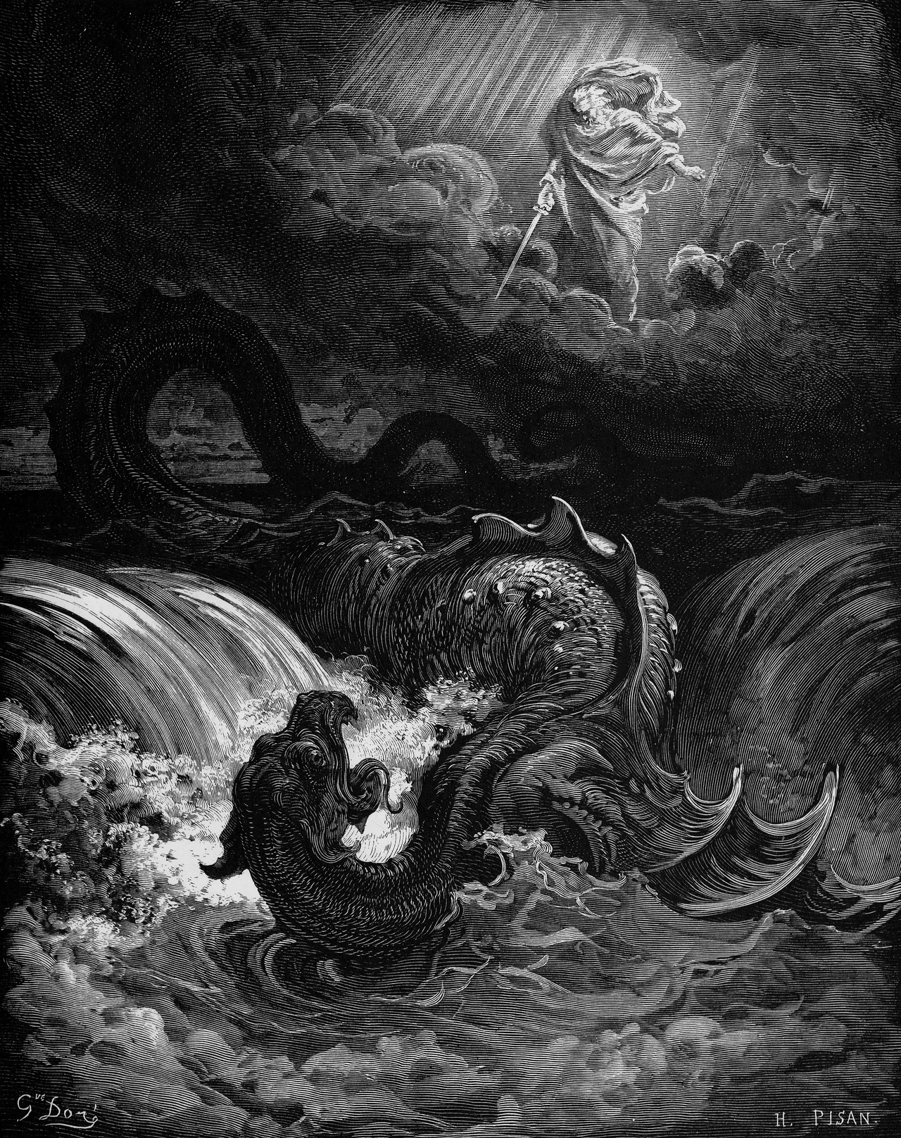 Engraving of a vast coiled sea serpent being struck down by a figure with a sword amid crashing waves