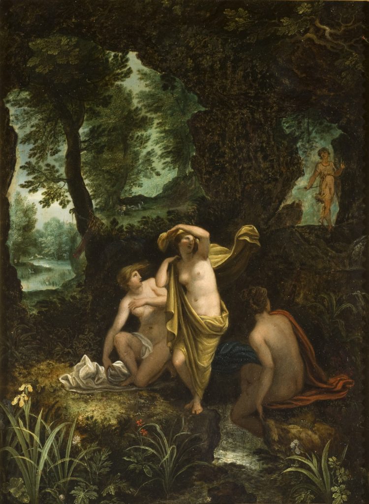 Painting of a dense wooded landscape with a pool where Diana bathes among her nymphs and Actaeon appears at the edge of the trees.