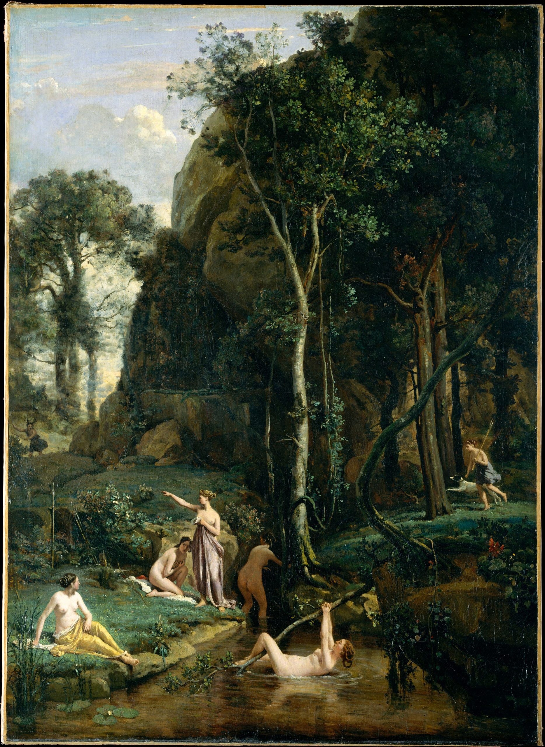 Painting of a wooded valley where Diana and her companions bathe beside a pool while Actaeon approaches through the trees.