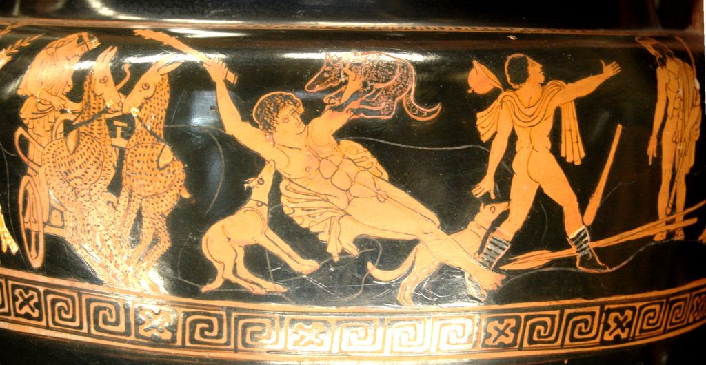 Red-figure vase painting of Actaeon swinging a club as hunting dogs seize him, with Artemis in a deer-drawn chariot at the left and a messenger at the right.