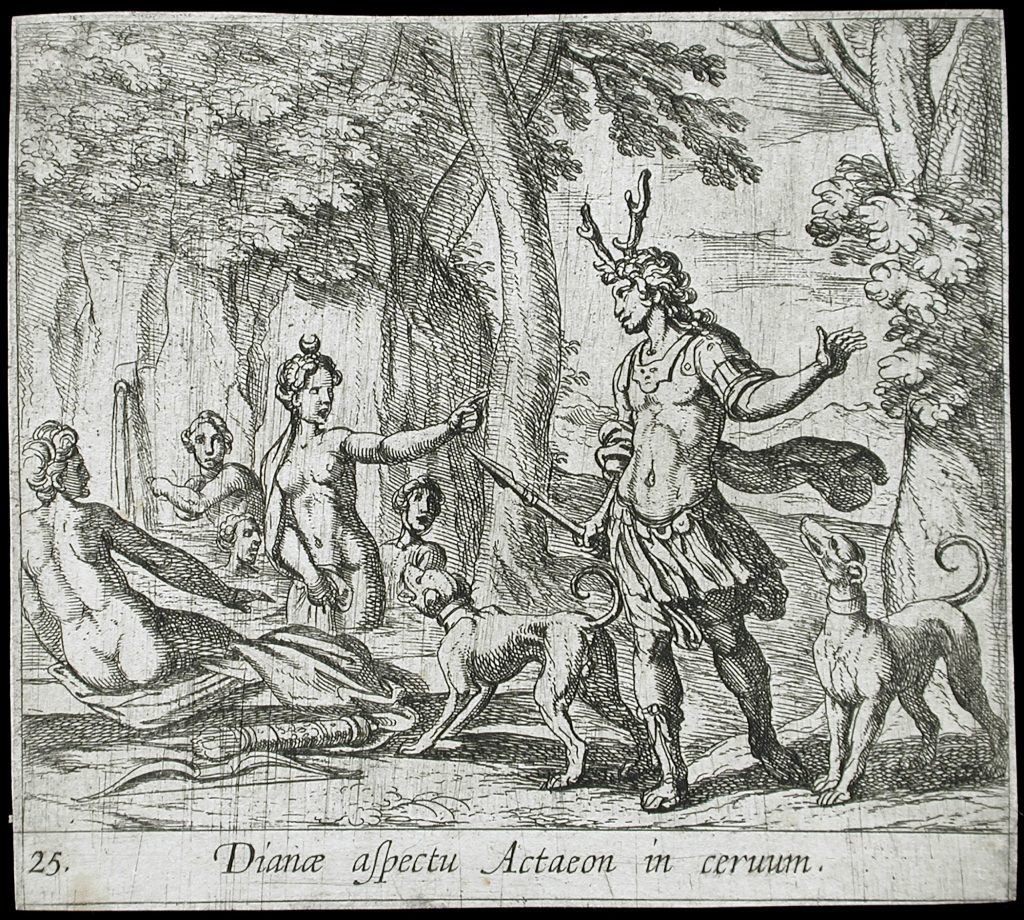Etching of Diana and her bathing companions beside Actaeon as antlers grow from his head.