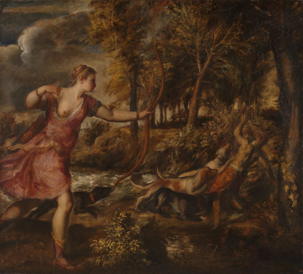 Painting of Actaeon, part man and part stag, brought down by his hounds in a dark landscape while Diana draws her bow.