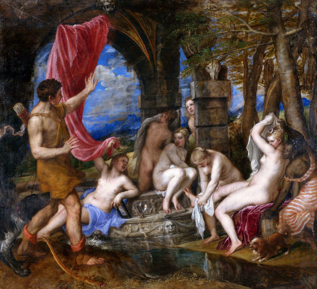 Painting of Actaeon pulling back a curtain on Diana and her nymphs at their bath, the goddess turning away from him in shock.
