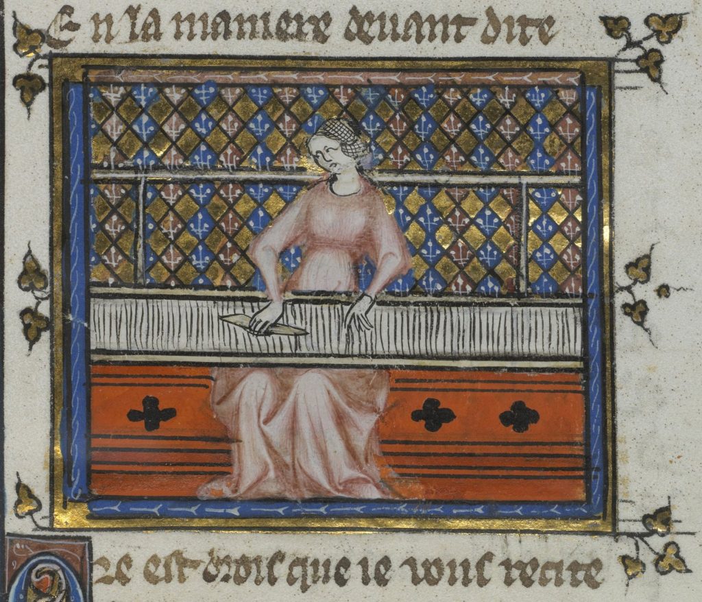 Medieval manuscript illumination of a woman seated at a horizontal loom, passing the shuttle through the threads
