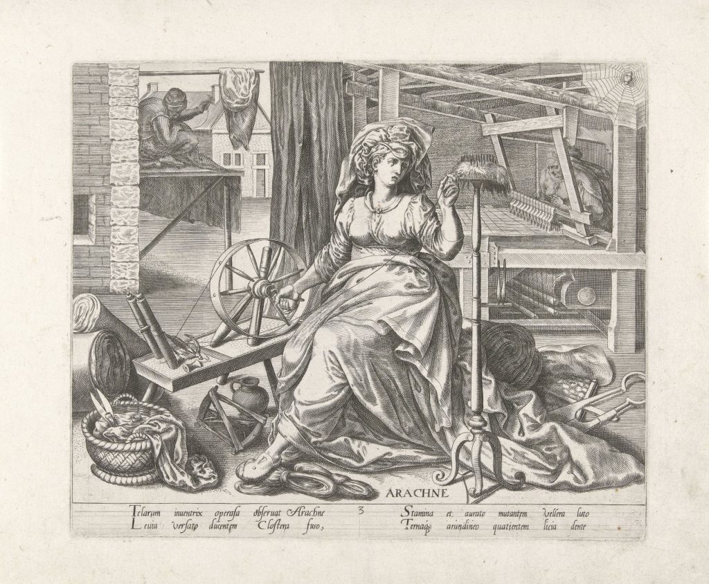 Engraving of Arachne seated at a spinning wheel in a workshop, with a loom behind her and a spider's web hanging in the upper corner