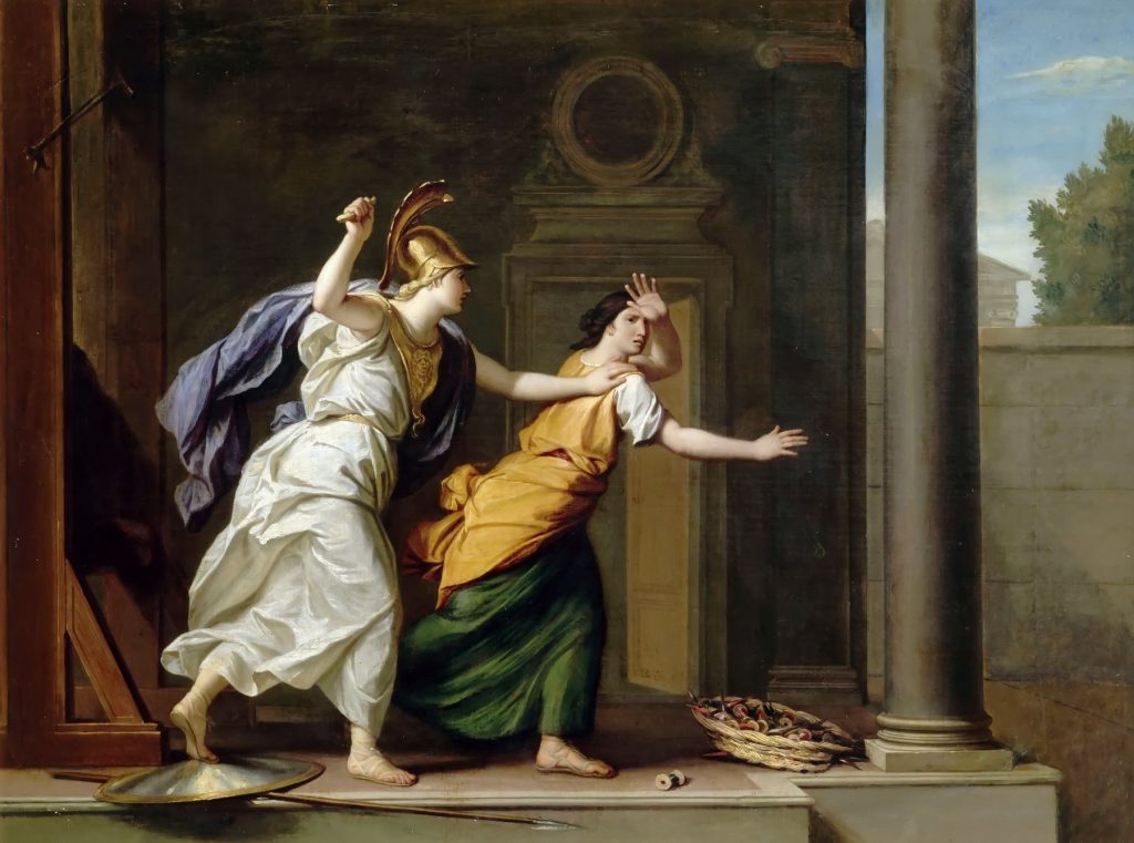 Athena in a plumed helmet raises her arm to strike Arachne, who shields her face beside a loom