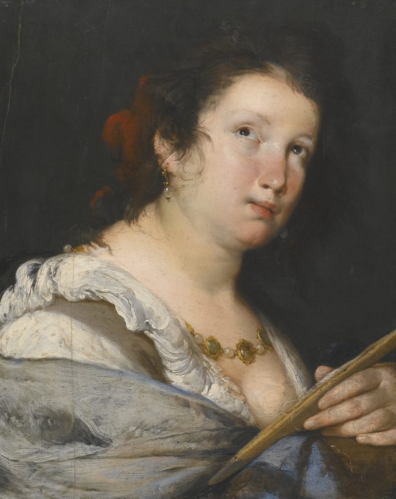 Half-length painting of a young woman in a white and blue gown holding a weaver's shuttle, looking out at the viewer