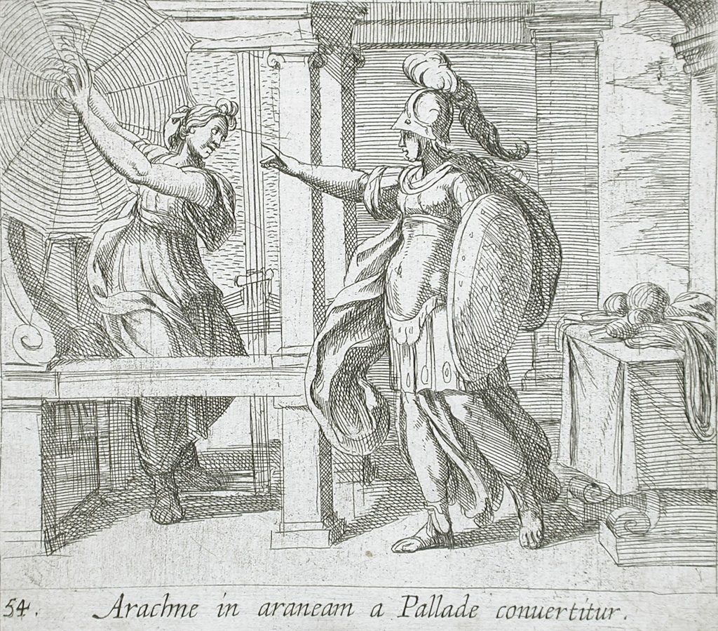 Etching of Pallas pointing at Arachne, who stands beside her loom holding up a large spider web
