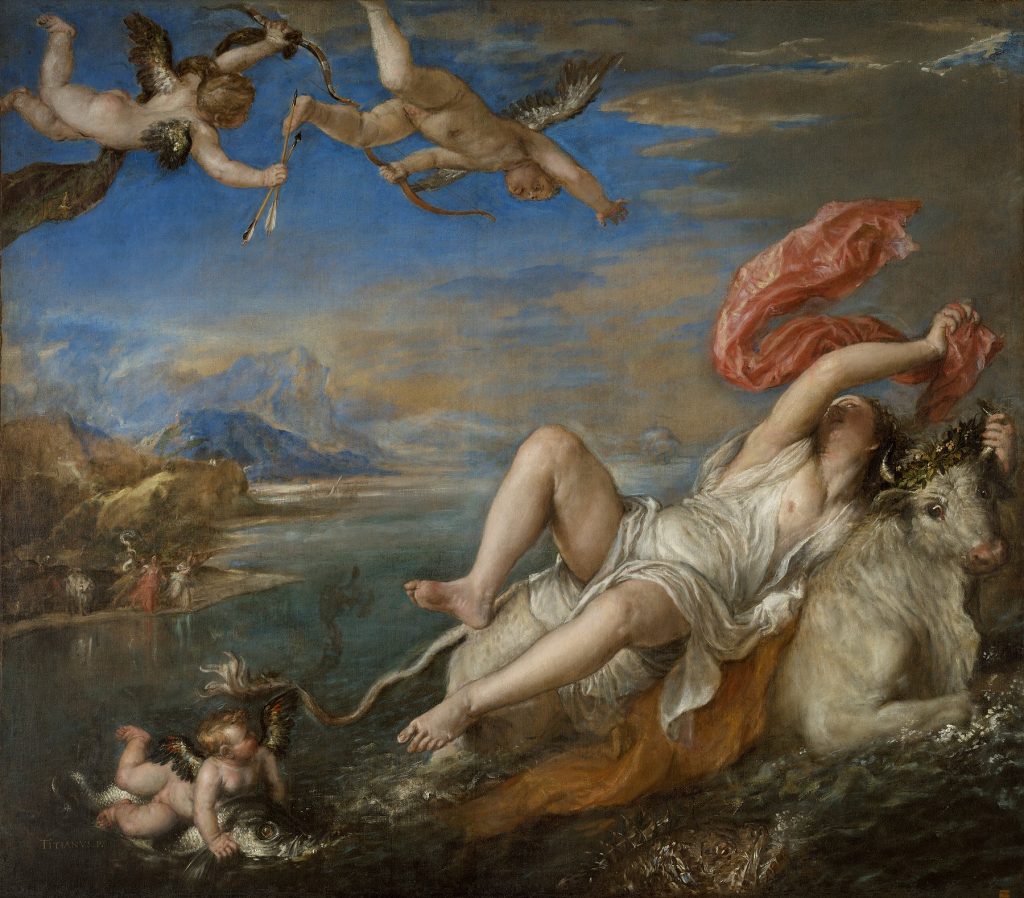 Europa sprawls on the white bull as it swims from the shore, her companions small and distant on the land behind