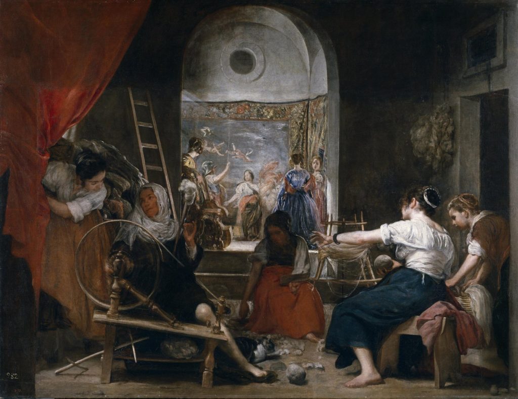 Women spinning wool in a dim workshop while a bright alcove behind shows Athena confronting Arachne before a tapestry