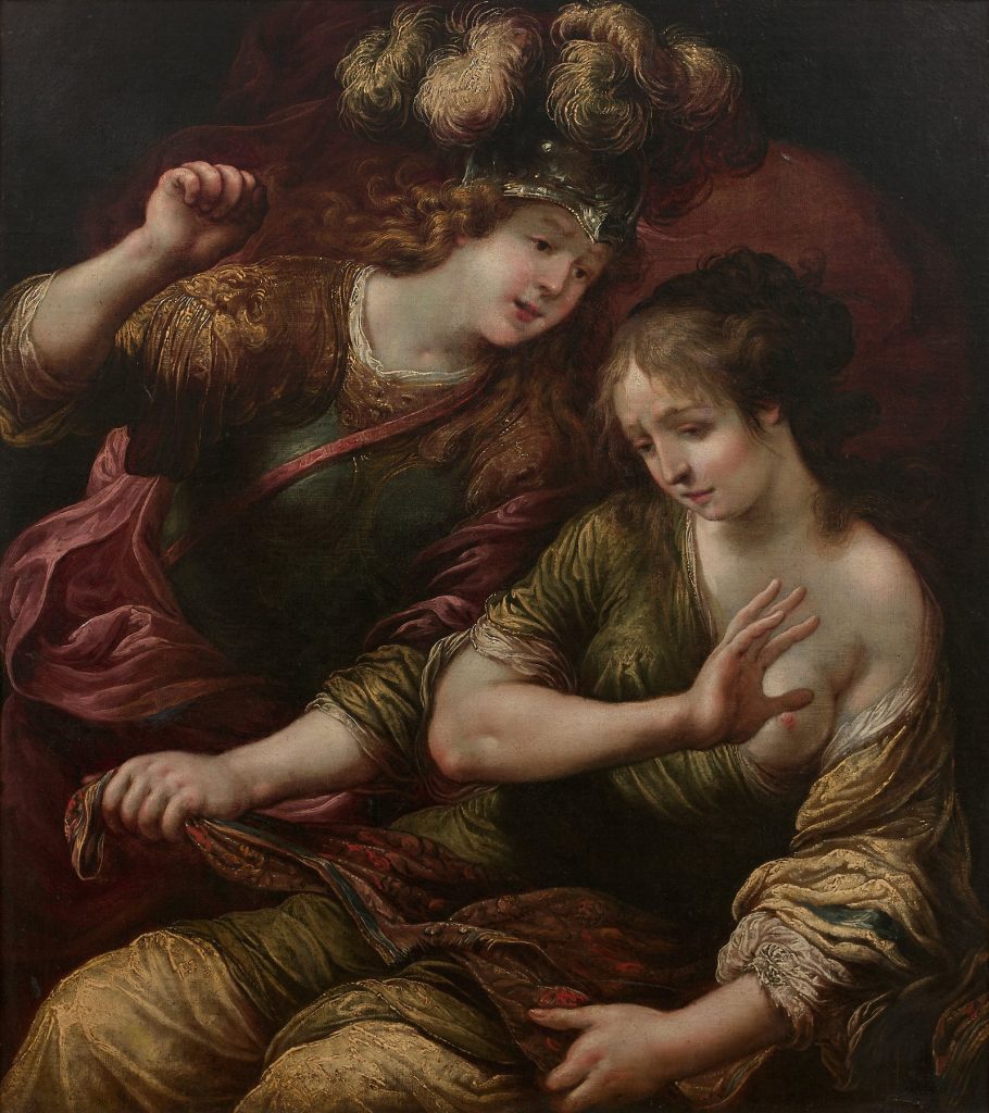 Minerva in a plumed helmet raises her fist above Arachne, who turns away with her hand raised