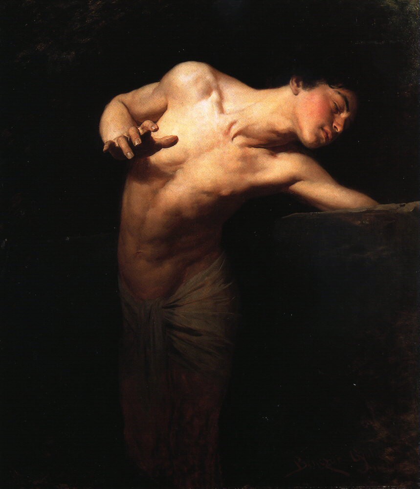 Benczúr painting of Narcissus, bare-chested, leaning over a dark ledge toward the water with one hand pressed against his own chest