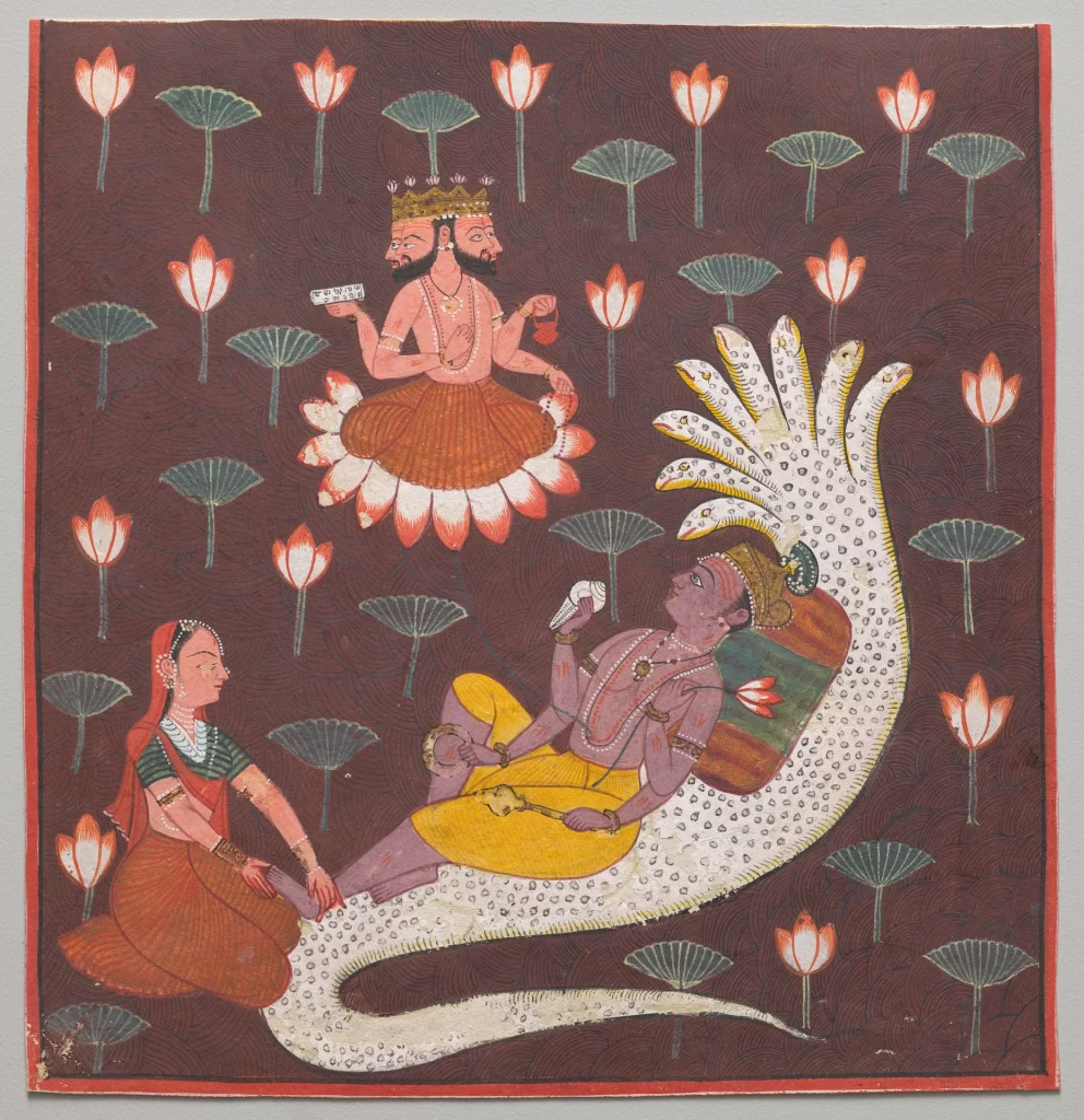 Painting of blue Vishnu reclining on a white many-headed serpent while Lakshmi massages his feet and four-headed Brahma sits on a lotus above.