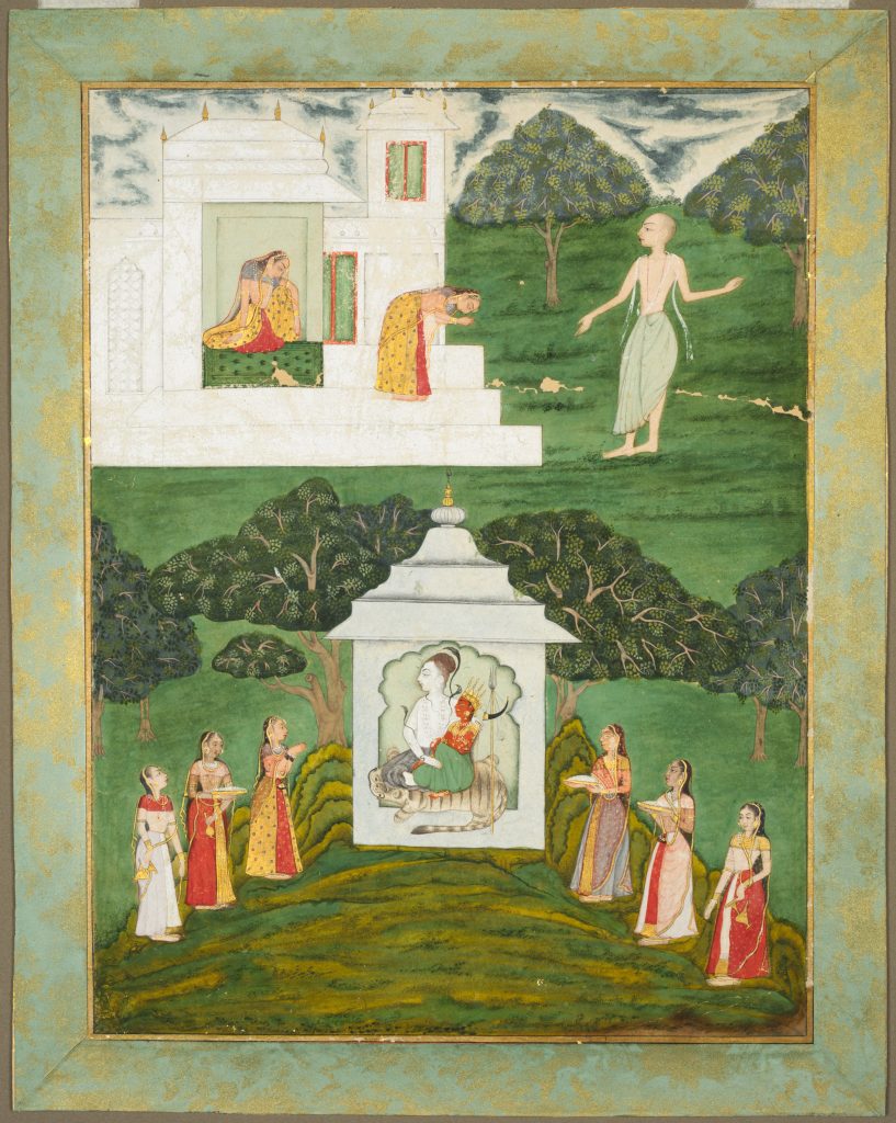 A painting with ash-covered Shiva and the red goddess Devi seated in a shrine in the lower scene, approached by women bearing offerings.