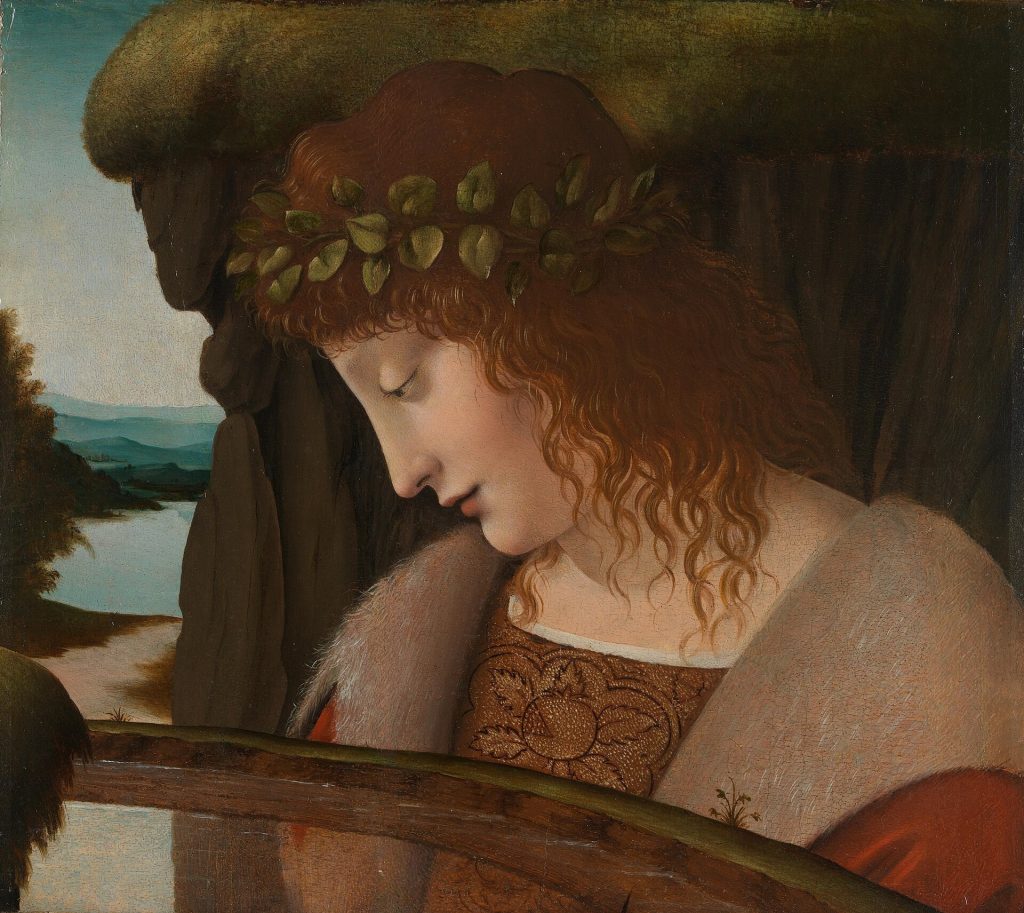 Renaissance painting of Narcissus in profile, crowned with leaves, looking down at the water over the rim of a stone basin, a river landscape behind