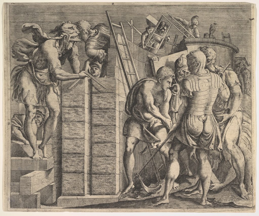 Cadmus holds a measuring ruler beside a rising masonry wall while workers cut and assemble building materials.