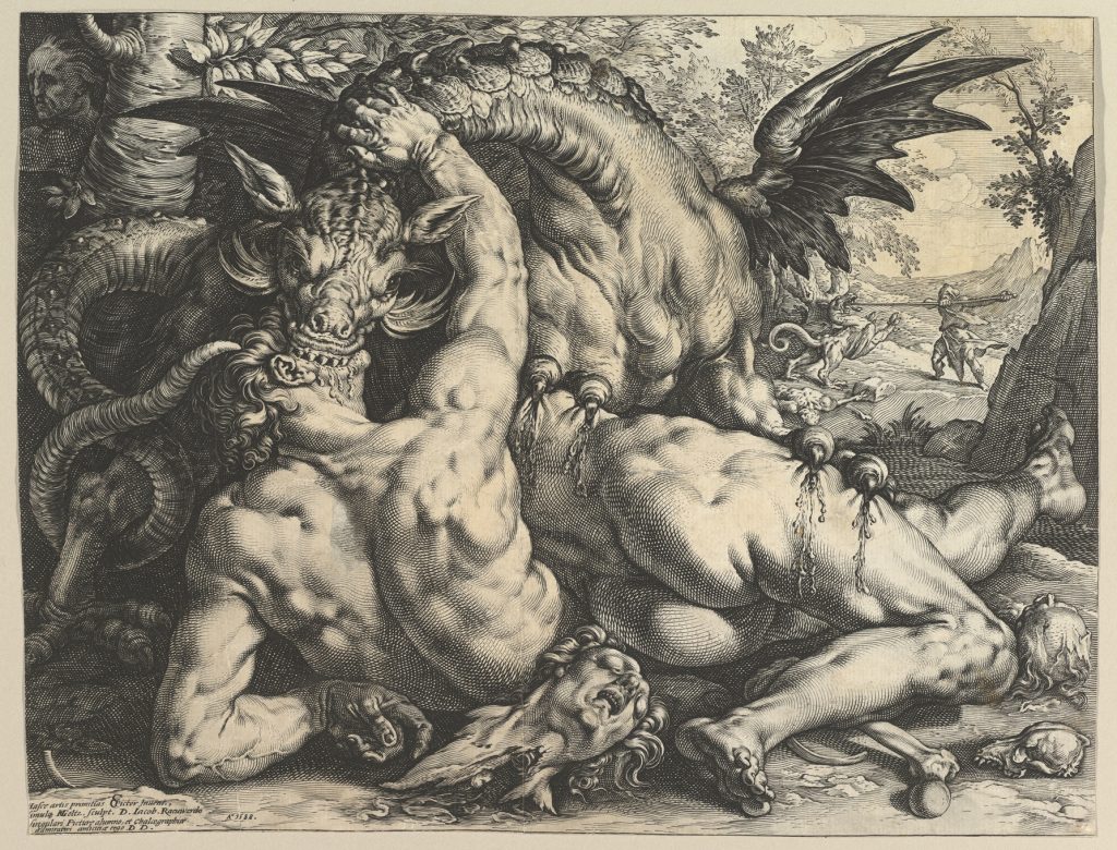Engraving of a dragon attacking Cadmus’s companions in the foreground, with Cadmus fighting the dragon in the distance at right.
