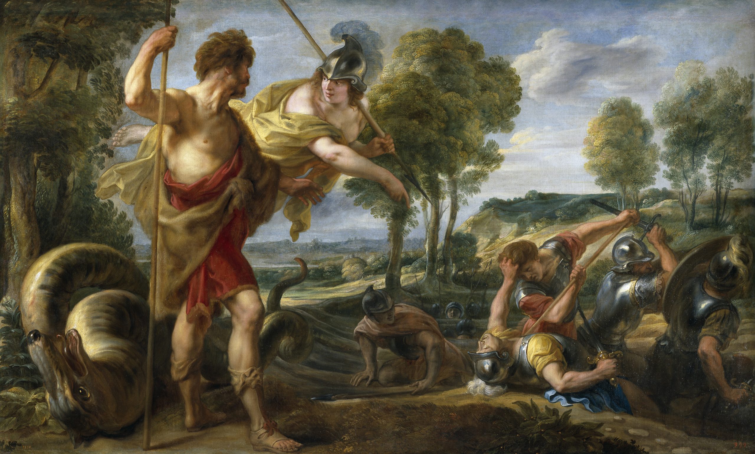 Athena gestures toward the ground beside Cadmus and the fallen dragon as an armed man emerges from the soil.