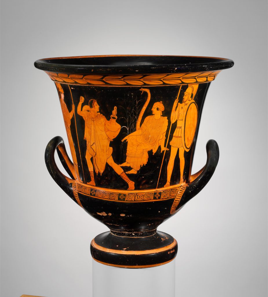 Red-figure Greek vase showing Cadmus striding forward with a water jar and a raised stone toward the rearing serpent, with a seated woman and an armed figure beside the spring.