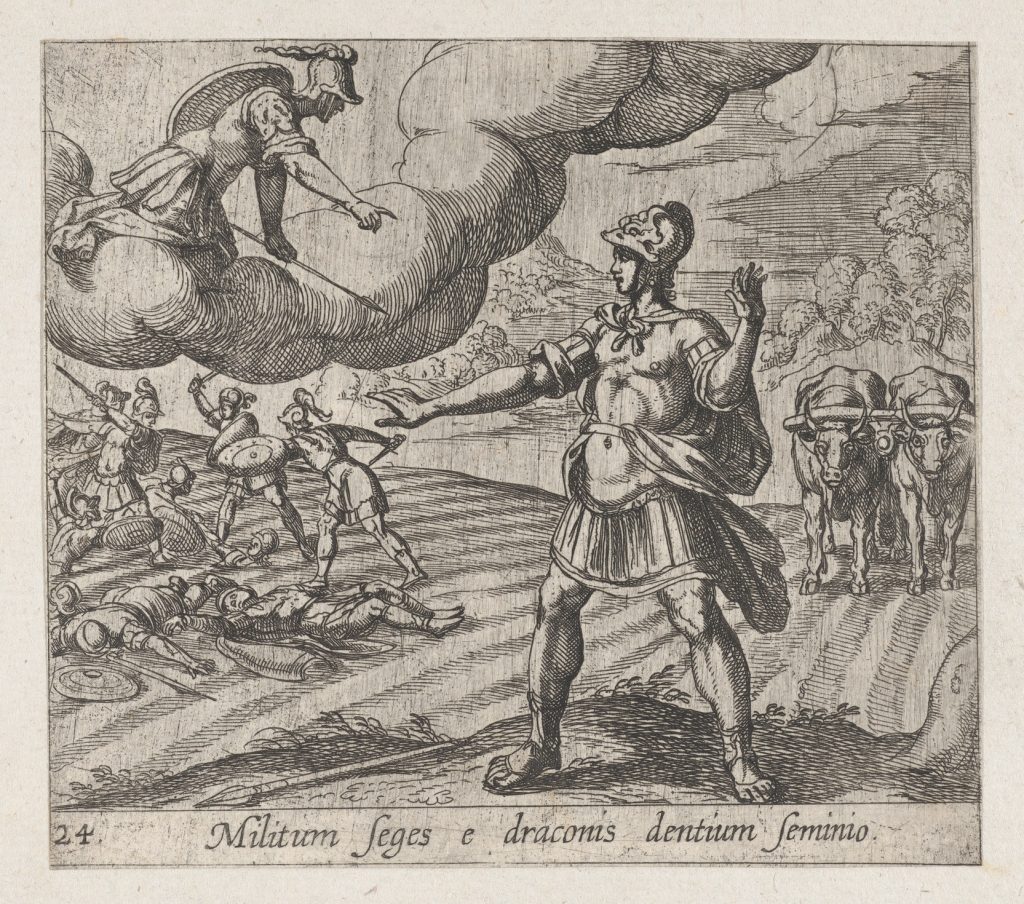 Etching of Cadmus standing in a furrowed field as armed men rise from the earth and fight, with Athena above.