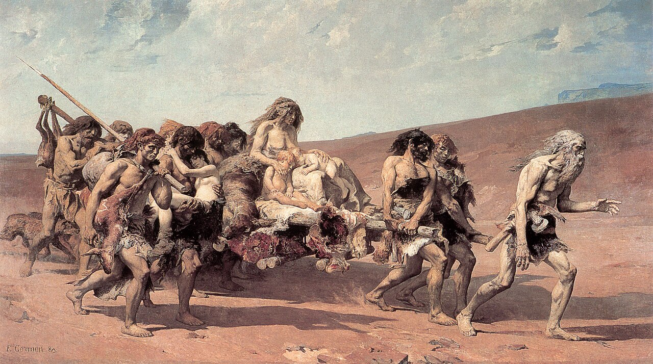 Painting of a large band of people in skins trudging across open country, an old man leading them