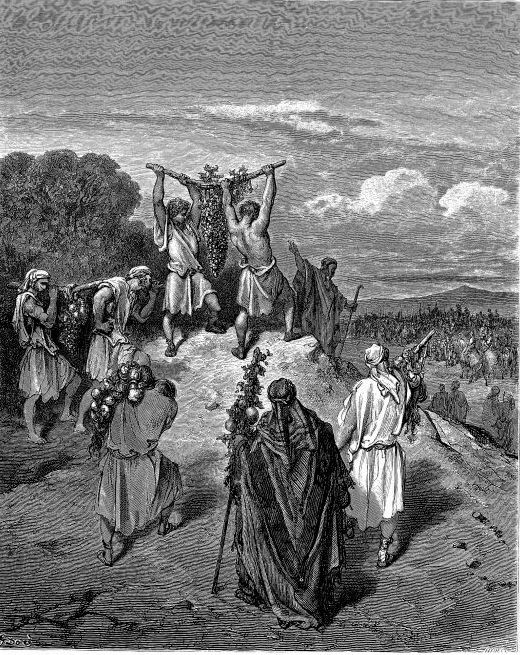 Two men carrying an enormous cluster of grapes slung from a pole between their shoulders