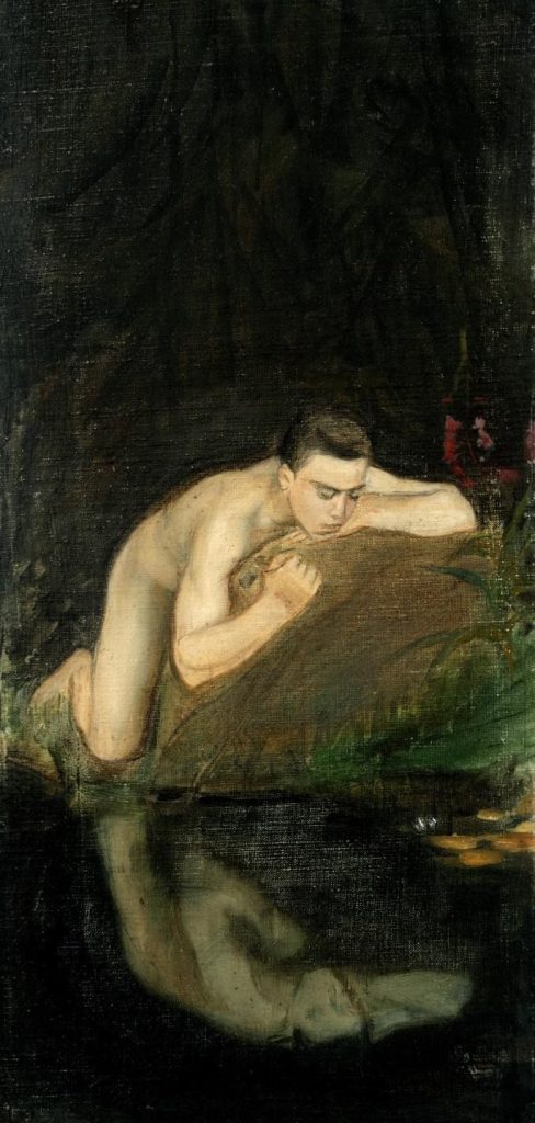 Enckell painting of a pale youth kneeling on a mossy bank with his head on his arms, his full reflection lying in the dark pool below