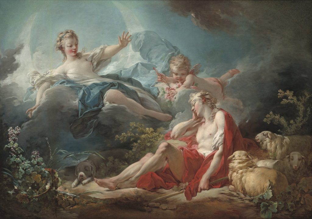 Diana descends on a cloud with Cupid toward the sleeping shepherd Endymion, his dog and sheep beside him