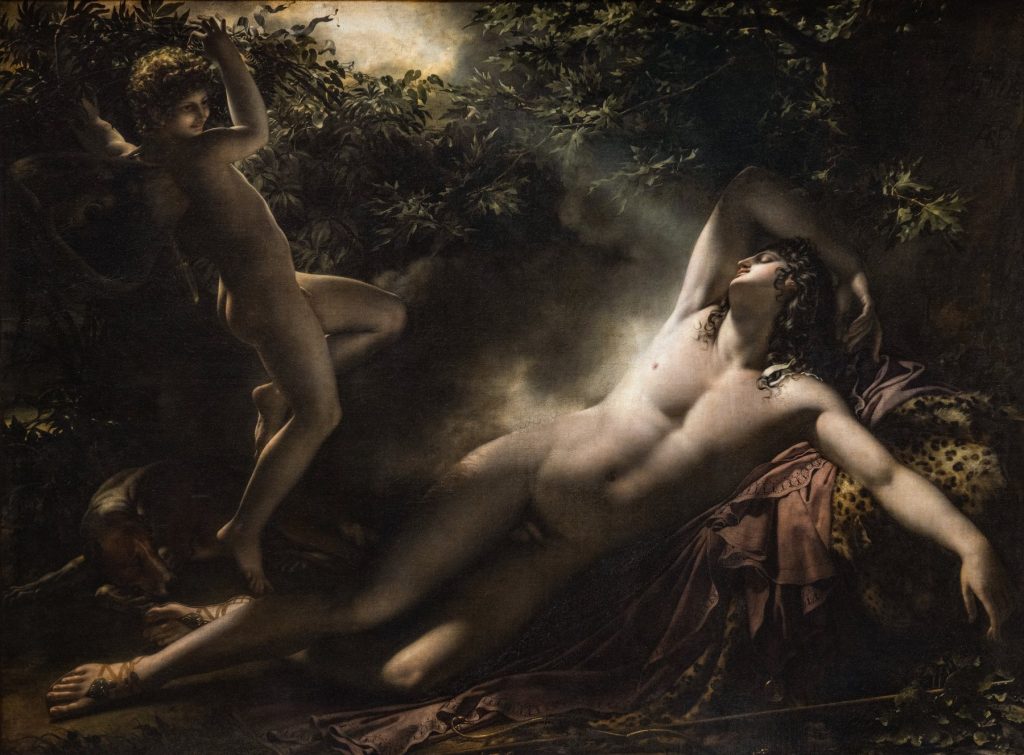 A nude youth lies asleep in a dark grove while a shaft of moonlight falls across his body and a winged figure parts the branches