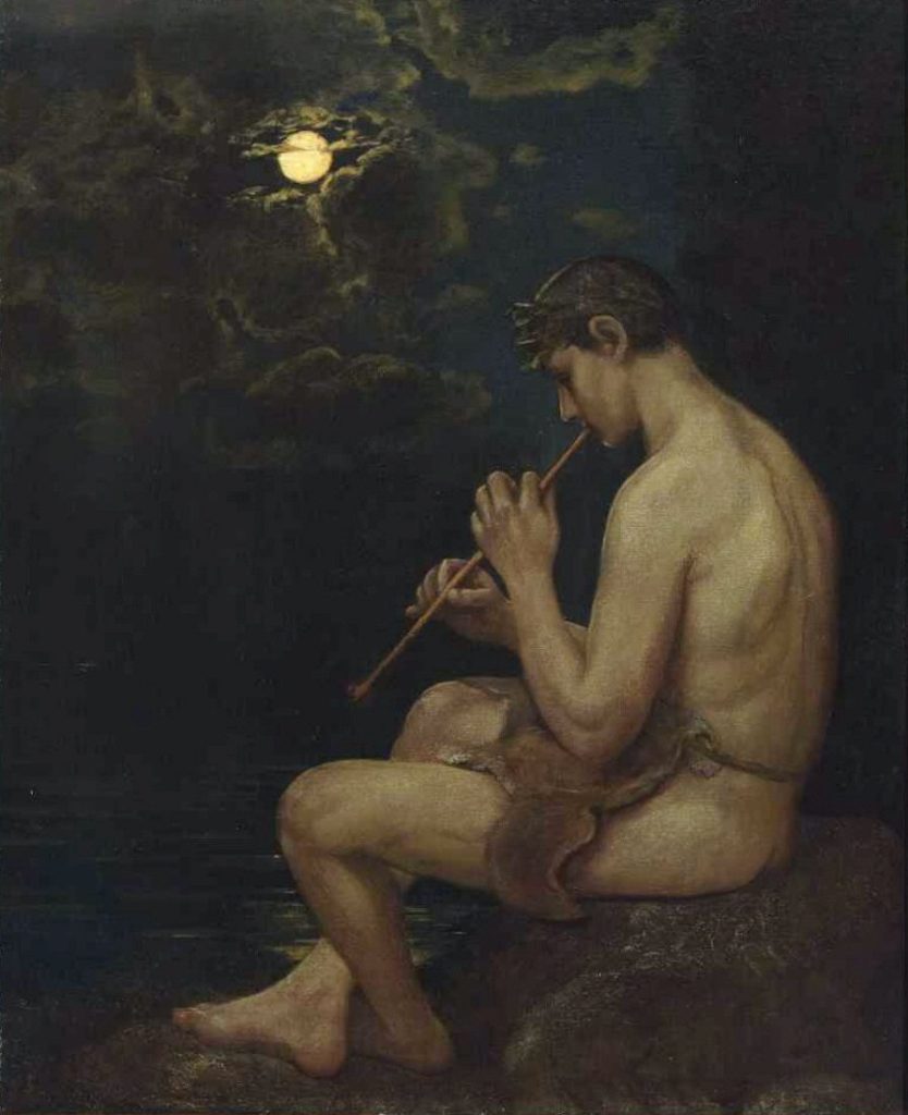 A nude youth sits on a rock beside water playing a reed pipe beneath a clouded full moon