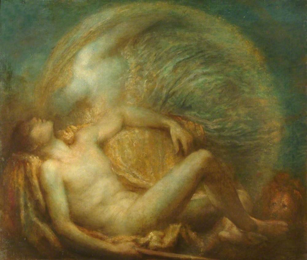 Selene stoops from a silvery arc of drapery to kiss the sleeping Endymion, with his hound below