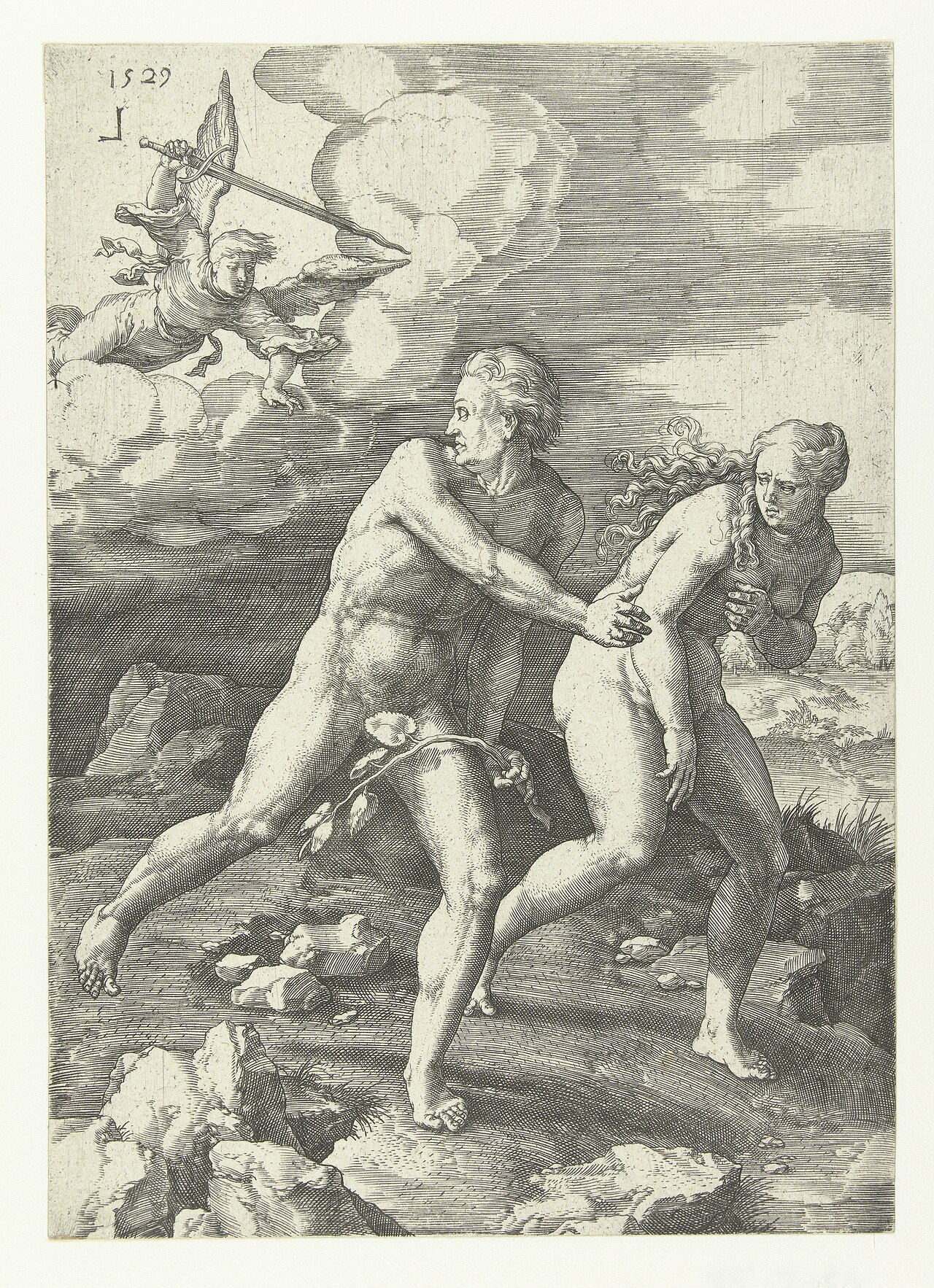 Engraving of an angel with a raised sword driving Adam and Eve through the gate of the garden