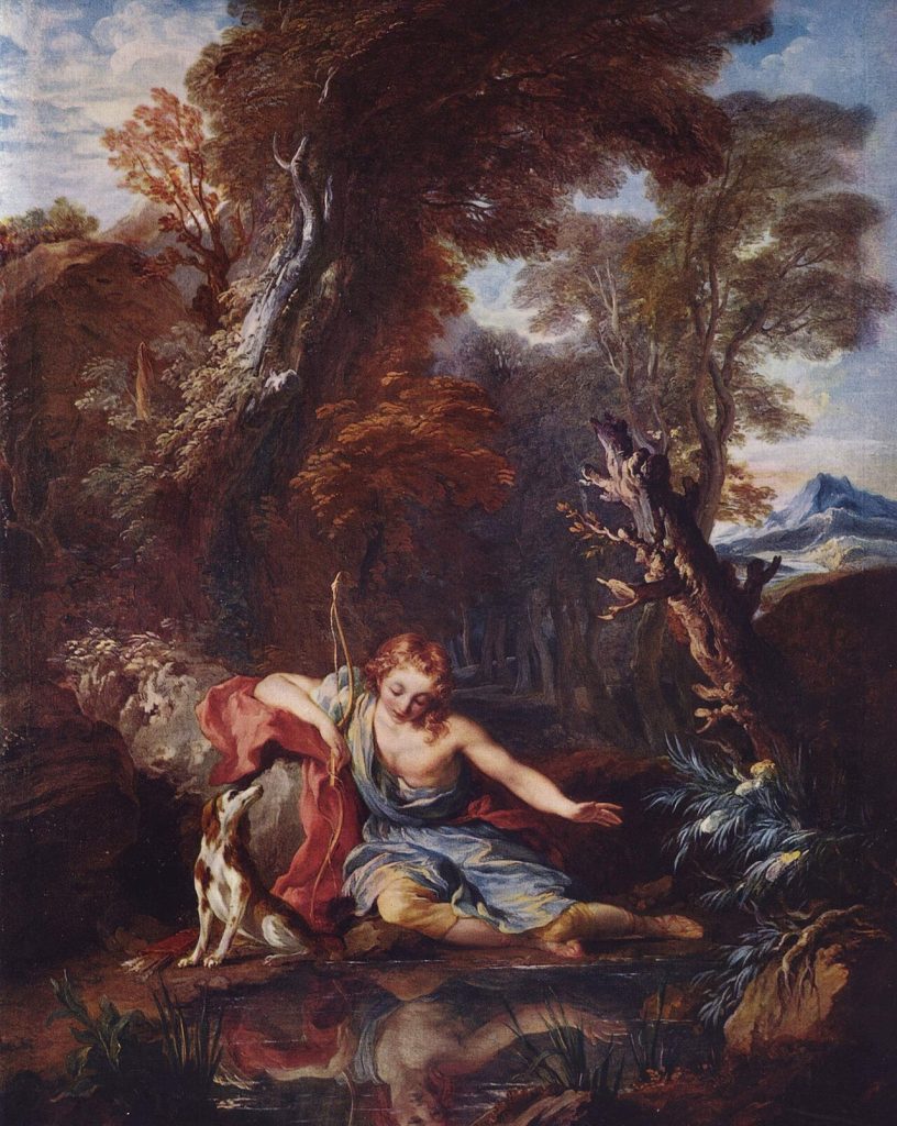 Lemoyne painting of Narcissus lying at the edge of a woodland pool with his dog and bow, stretching one hand out over his reflection