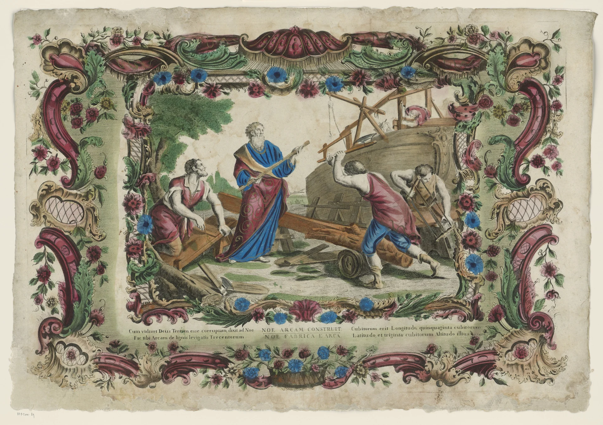 Noah watches as his sons cut timber and work on the ark in the background.