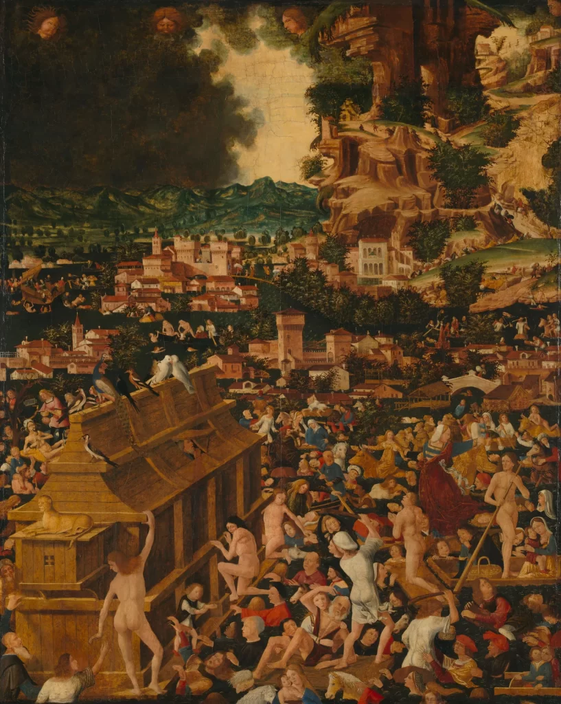 A crowded fifteenth-century painting: the ark, a wooden chest with a pitched roof, stands at the lower left while naked and clothed people struggle round it and cling to its sides, with a walled town and a dark sky behind.