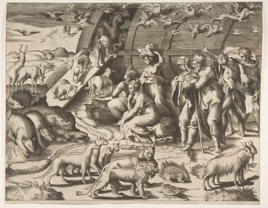An engraving of animals coming down a ramp from the ark while birds fly out above it; boars, lions, a porcupine and a goat fill the foreground, and at the right a bearded old man with a staff stands among his family.