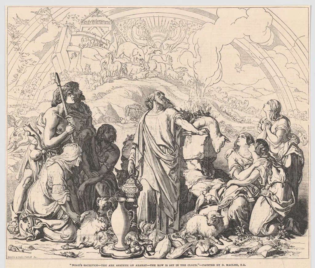 A newspaper engraving of Noah standing with his face raised beside a stone altar on which a lamb lies, his family kneeling round him, with the ark on a mountain top and a rainbow arching behind.