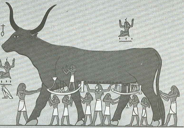 Historical drawing of a great celestial cow with solar boats beneath her belly and Shu and other deities supporting her body and legs.