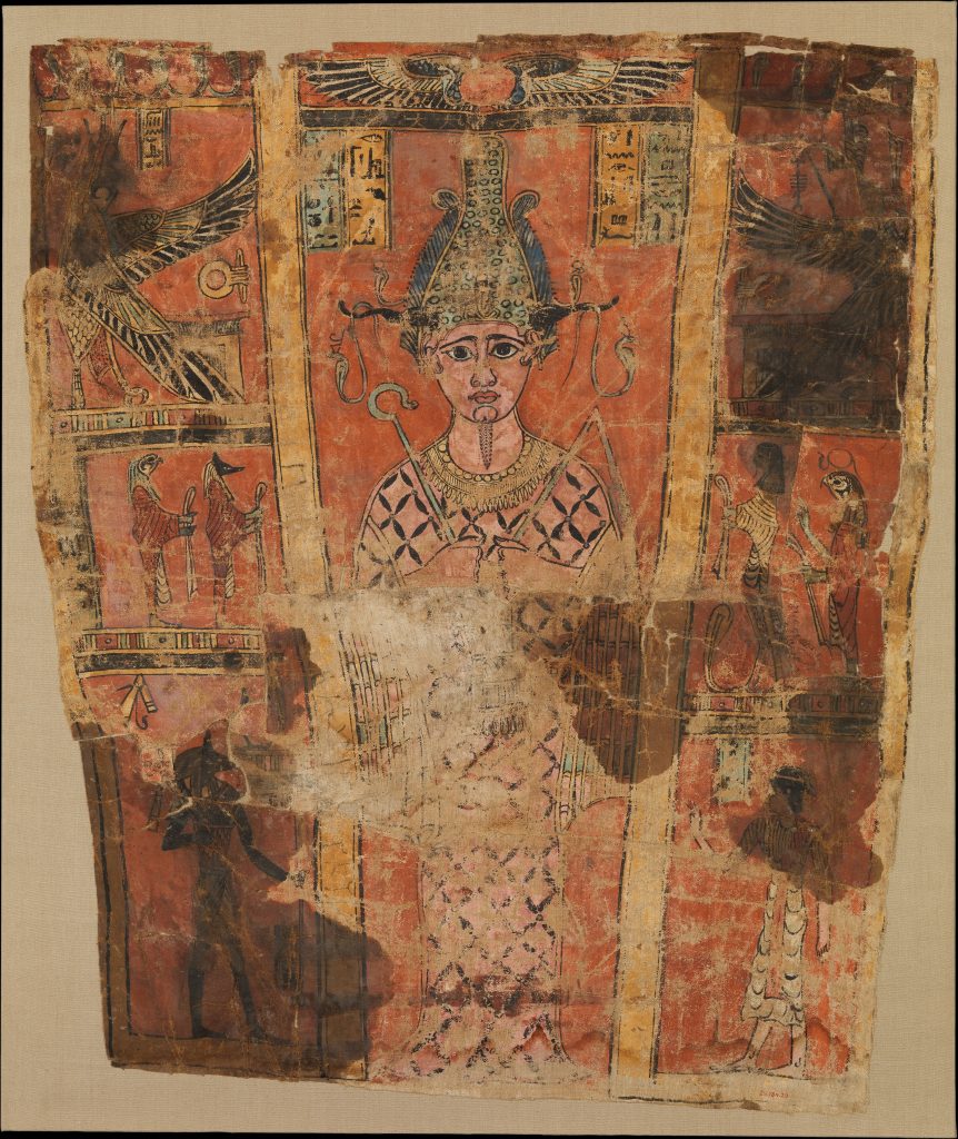 Painted linen shroud centered on an Osirian figure holding a crook and flail, surrounded by colorful divine figures and emblems.